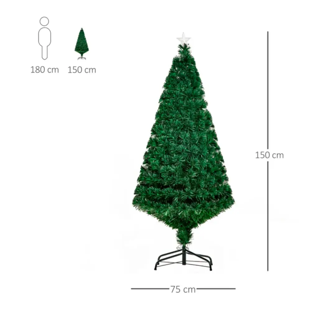Árbol de Navidad artificial Homcom 180 ramas fibra óptica en 3 colores verde 150 cm - Sin Mantenimiento