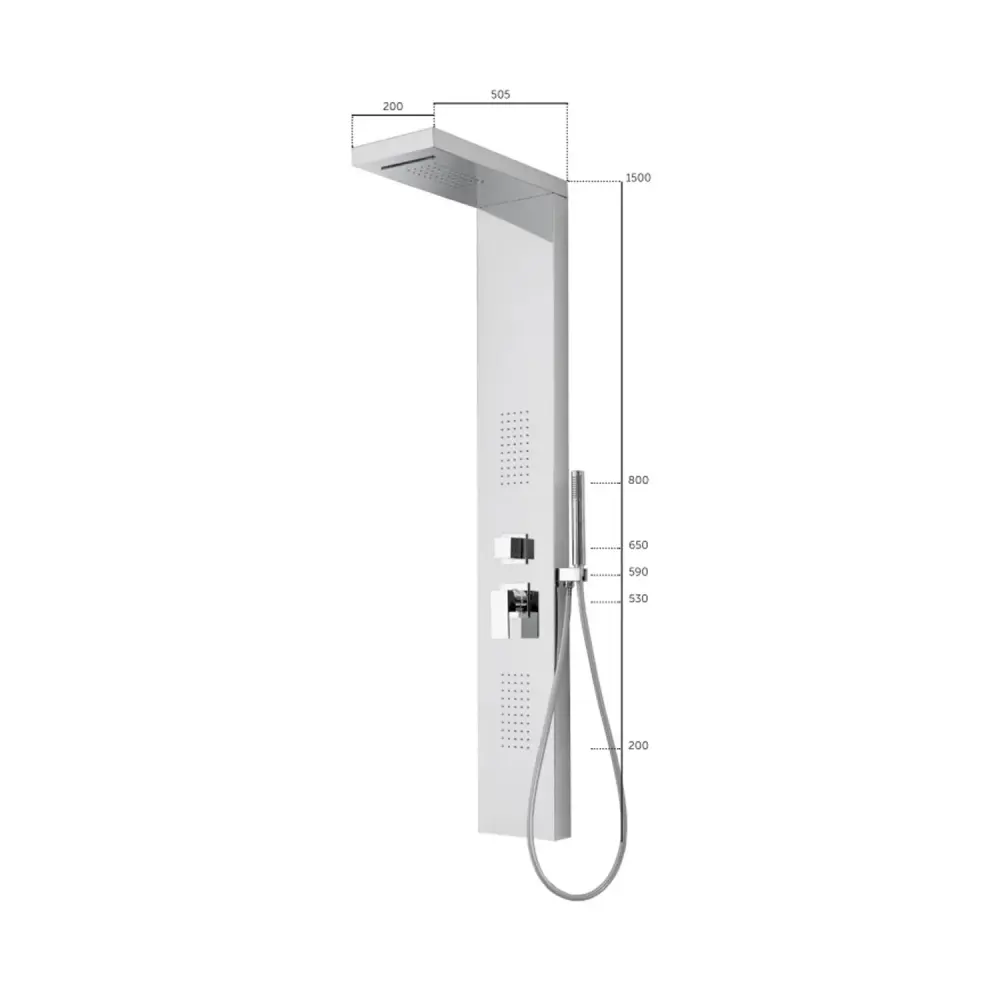 Colonna doccia acciaio inox lucido con soffione pioggia, soffioni laterali e cascata Keller Taps