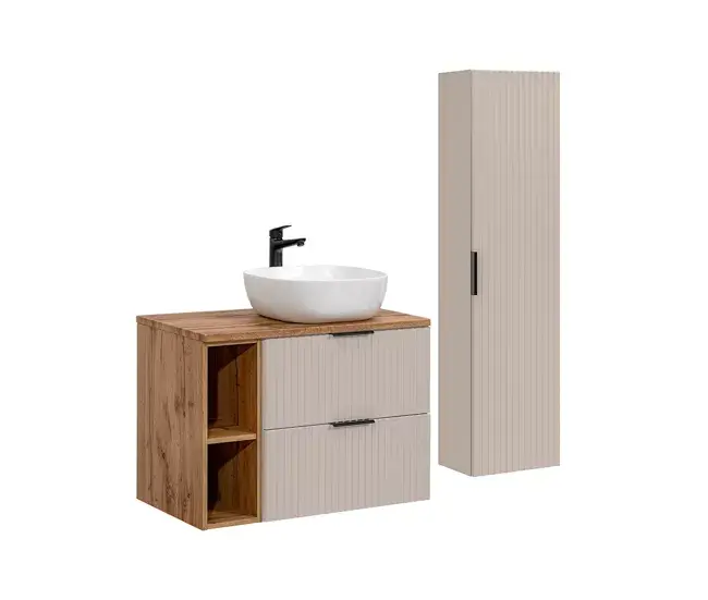 Conjunto de muebles con lavabo individual 80cm 2 compartimientos y columna Adriel Cachemira y Madera