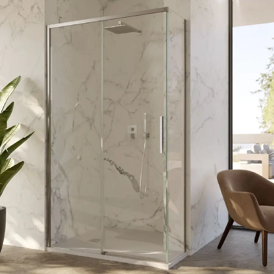 Ducha de esquina 80x150 con lado fijo y puerta corredera en cristal de 6 mm y perfil cromado deslumbrante Versión izquierda