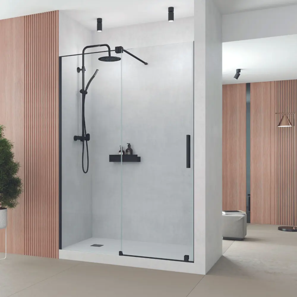 Mampara ducha 1 puerta 1 fijo | vidrio de 8mm | negro 175cm