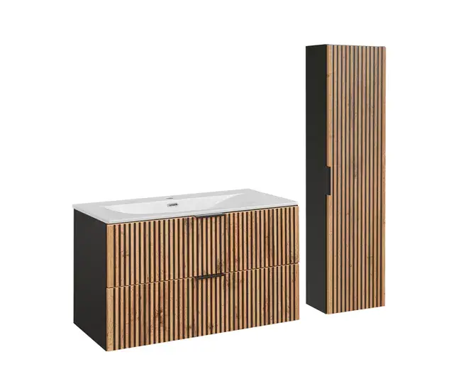 Cesto de Ropa Conjunto mueble lavabo individual encastrado 100 cm y columna Gaia Madera y Negro