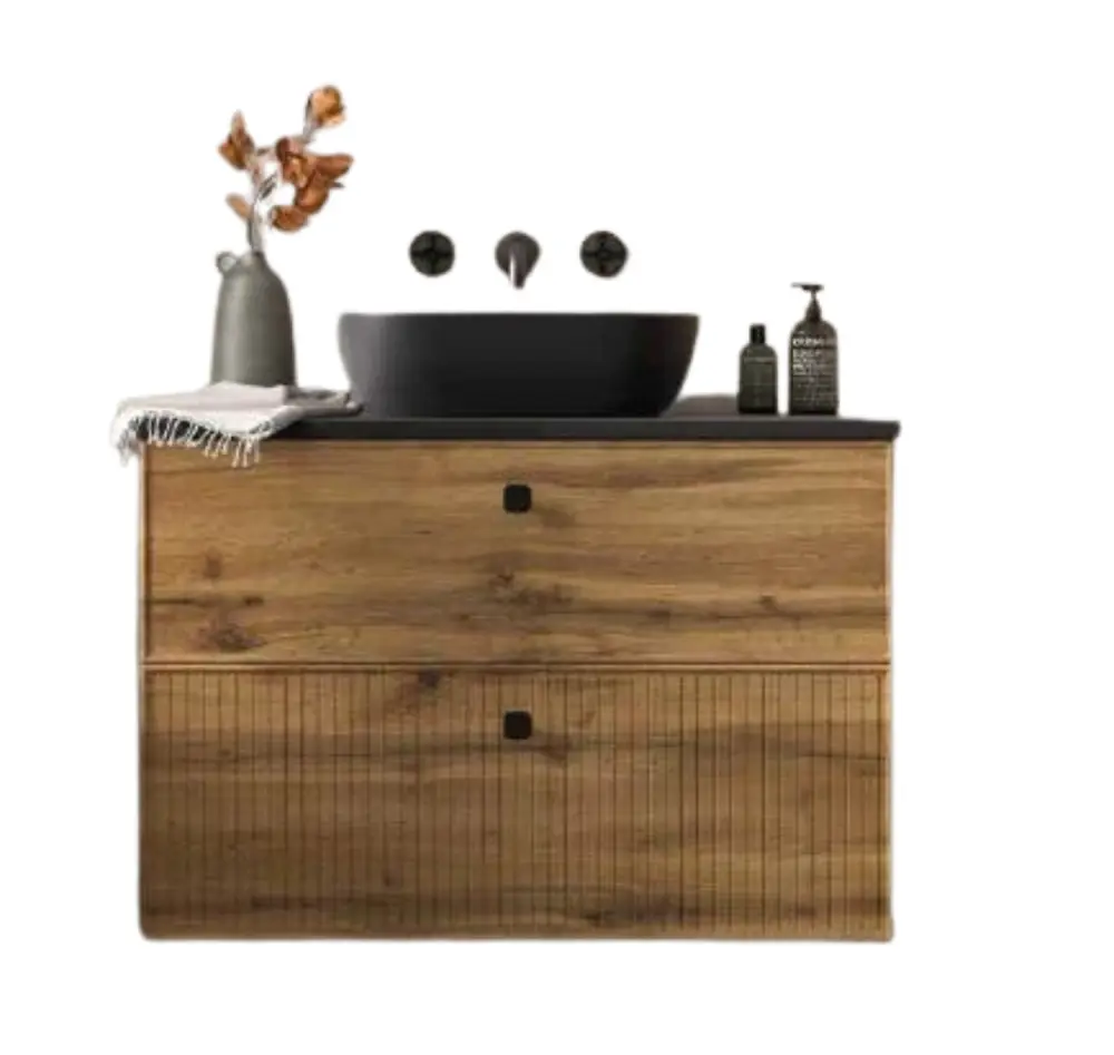 Diseño Moderno con Espejo Mueble baño 2 cajones + encimera negra + 1 lavabo negro - 80x46