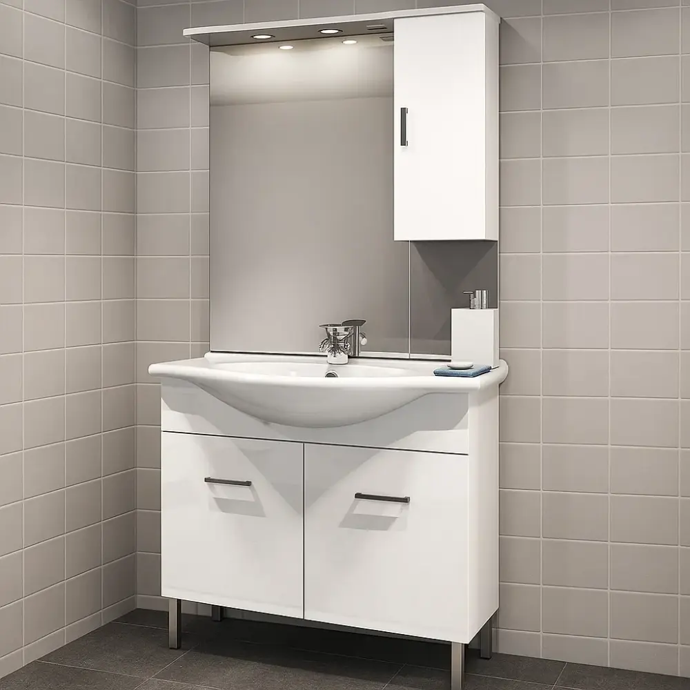 Mueble de baño móvil suelo con dos puertas con lavabo, espejo y armario modelo Jour en acabado blanco resplandeciente no...