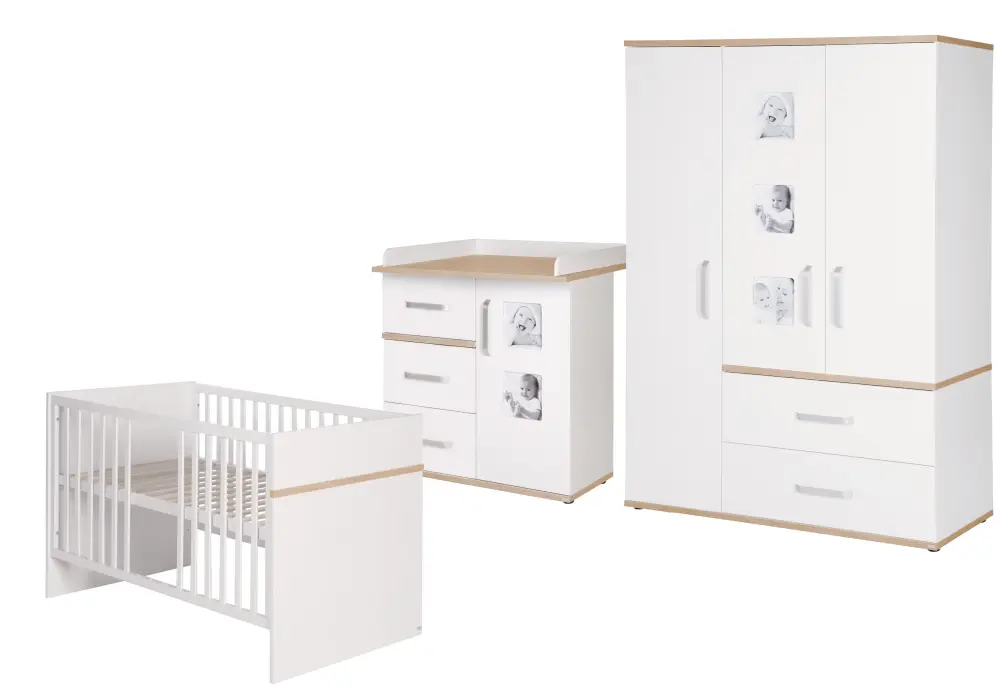 Set di mobili per bambini 'Pia', 3 parti, incl. Lettino 70 x 140 cm, fasciatoio e armadio, bianco