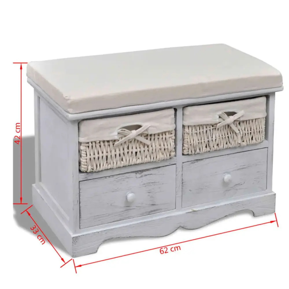 Banco de almacenaje 2 cajones + 2 cestas blanco 42x62x33 cm con Ganchos de Metal