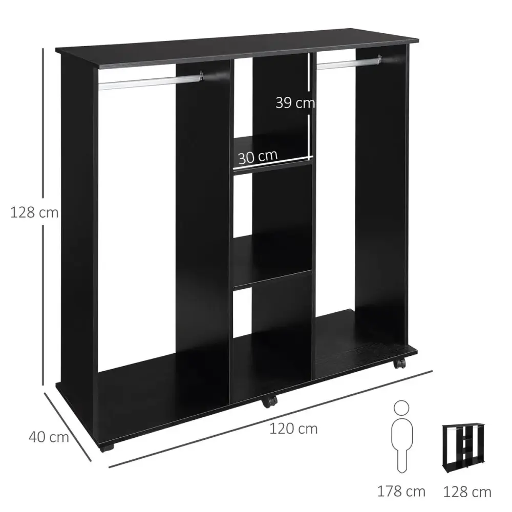 Protector de Prendas Armario abierto Valentín Homcom 2 barras + 3 estantes + ruedas negro 128x120x40 cm