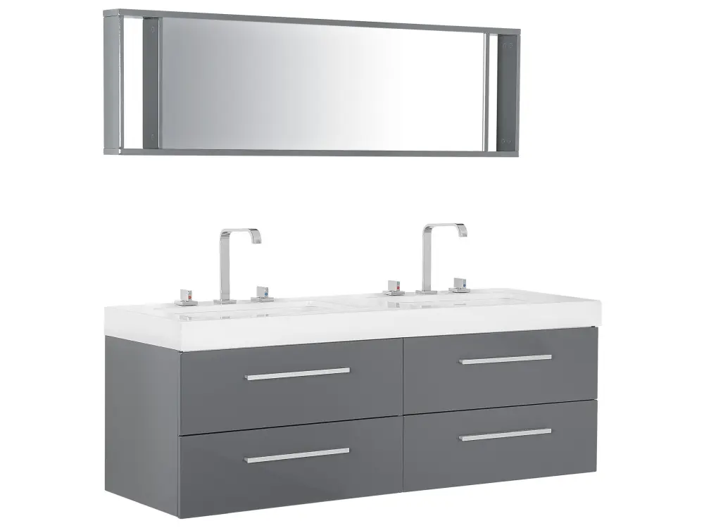 Bathroom Vanity Double Sink 4 Drawers and Mirror Grey MALAGA