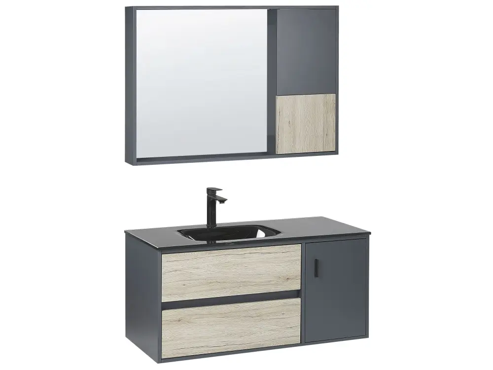 Bathroom Vanity Set Mirrored Cabinet 100 cm Light Wood and Grey TERUEL