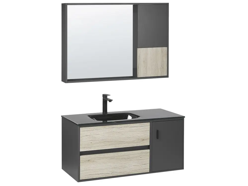 Bathroom Vanity Set Mirrored Cabinet 100 cm Light Wood and Black TERUEL