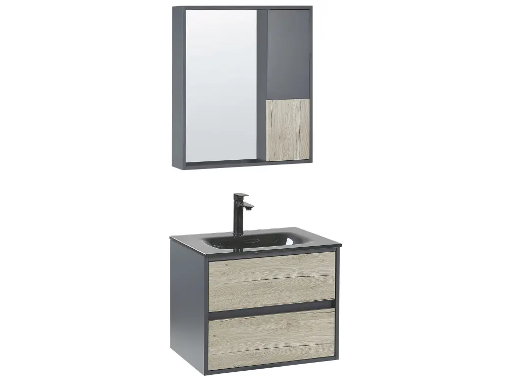 Bathroom Vanity Set Mirrored Cabinet 60 cm Light Wood and Grey TERUEL