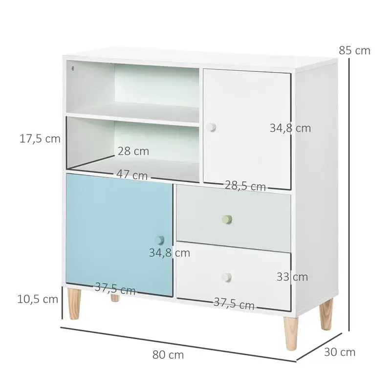 Cama Nido Librerí infantil Homcom 2 estantes+2 cajones+2 armarios blanco/azul 85x80x30 cm
