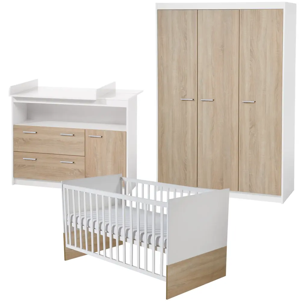 Conjunto de muebles para niños 'Gabriella', abarca cuna infantil 70 x 140 cm, cómoda para cambiar ancha y armario de 3 p...