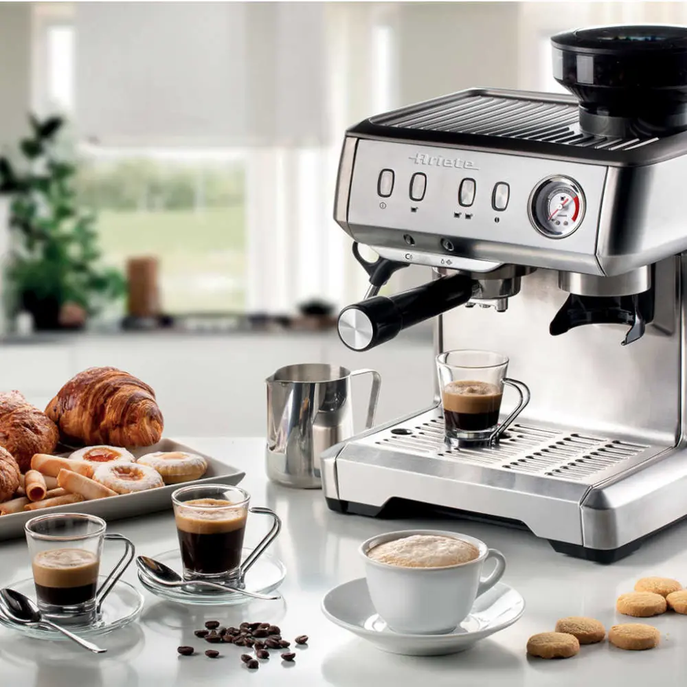 Cafetera Espresso de metálico con molinillo de café y monodosis Ariete
