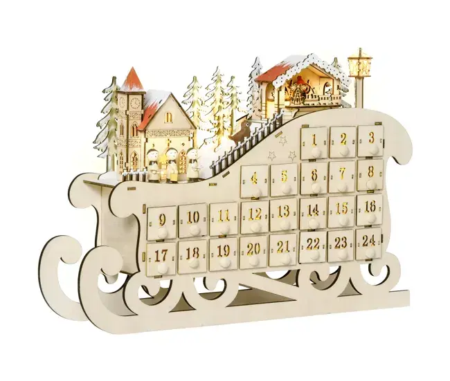 HOMCOM Calendario de Adviento de Navidad con Luces LED y 24 Cajones Decoración Navideñ Modelo Trineo 45x10x31 cm Madera ...