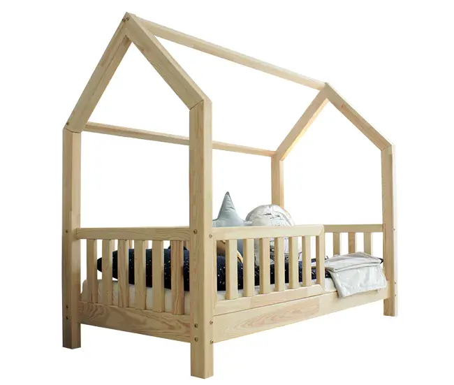 Cama cabañ 90x200 con barandilla y somier patas 10 cm Daisy Madera Montaje en 30 Minutos