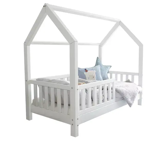 Cama cabañ 90x200 con barandilla y somier patas de 10 cm Daisy Blanco con Pintura No Tóxica
