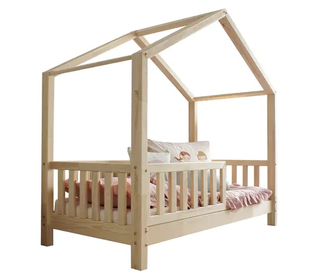 Cama cabañ 90x200 con barandilla y somier patas 10 cm Roxane Madera Fácil de Limpiar