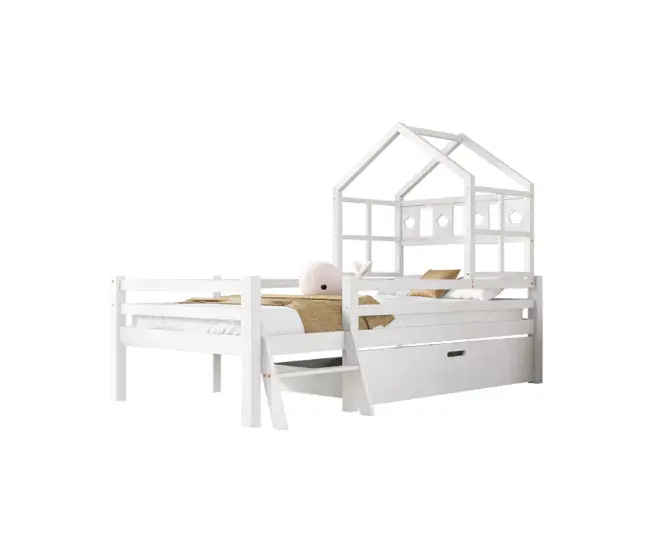 Cama infantil,cama alta,cama cabañ de madera de pino 90x200cm con 1 cajón,escalera y protección contra caídas,en forma...