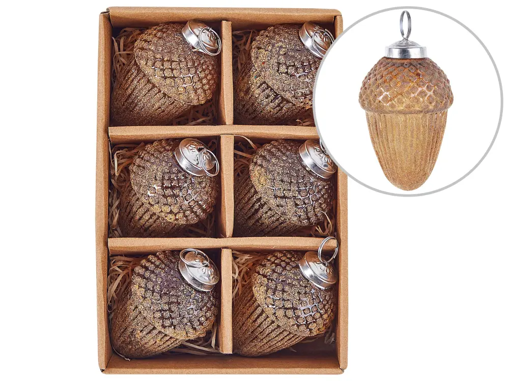 Set 6 Glass Acorn Baubles Gold AMBRE