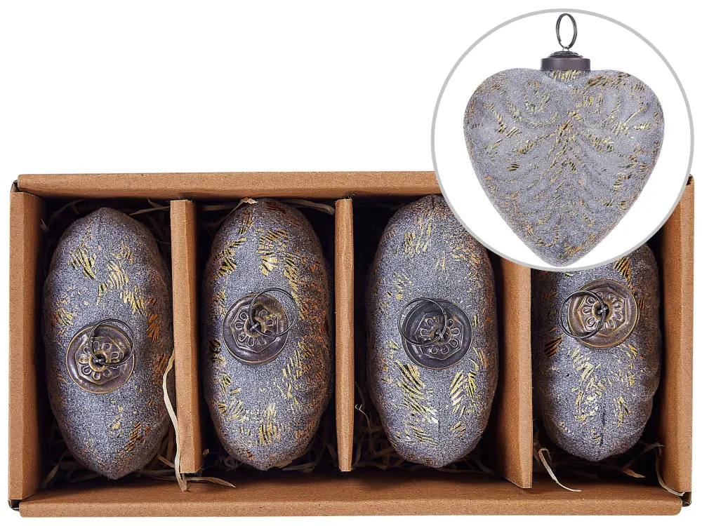 Set 4 Glass Heart Baubles Grey FERIABLE