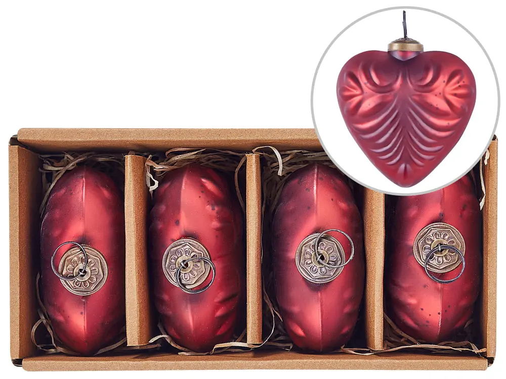 Set 4 Glass Heart Baubles Red FERIABLE