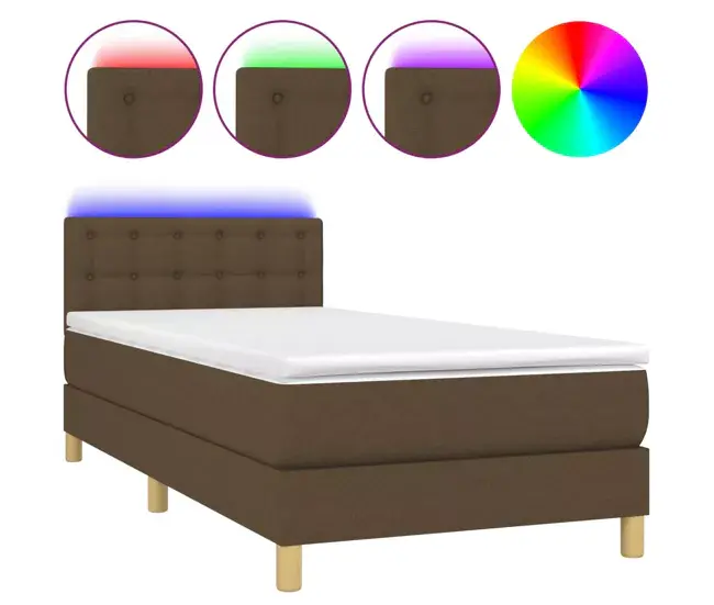 Cama box spring con colchón LED tela marrón negro 90x200 cm Botones