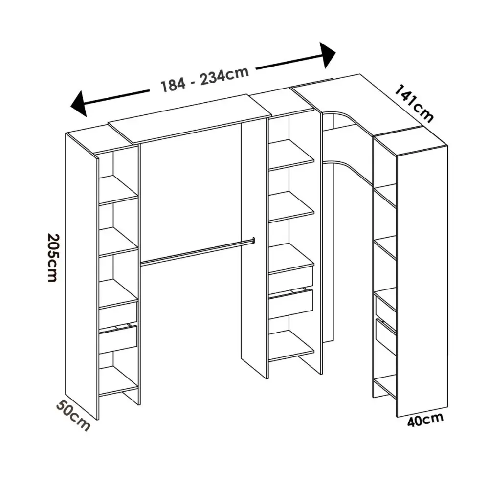 Armario vestidor Suit de dos caras 6 cajones + 3 barras + 3 columnas 205x164-234x141 cm