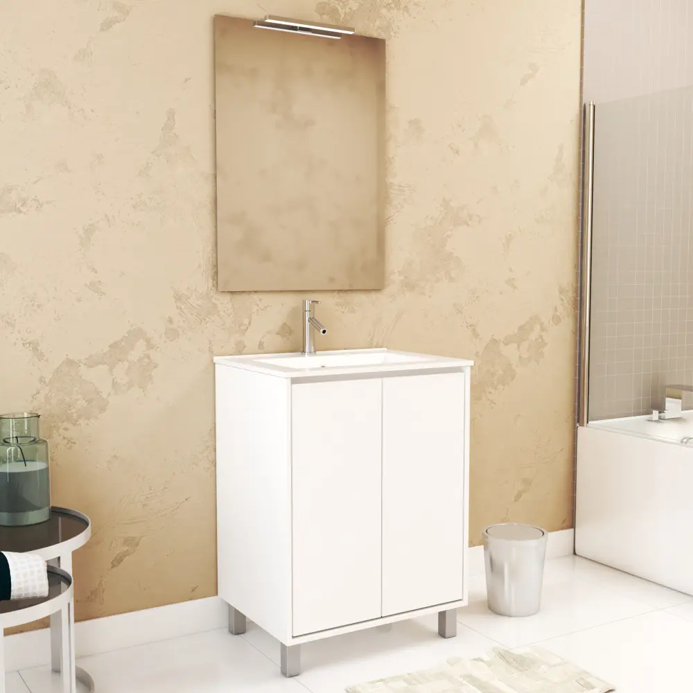 Pack mueble de baño 60 cm blanco lacado 2 puertas, lavabo, espejo 60x80 y Aurlane