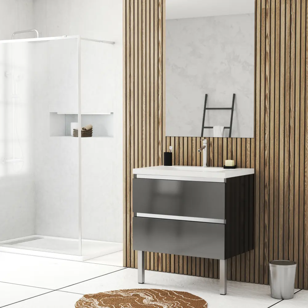 Pack mueble de baño 80 cm gris lacado con cajones y lavabo de resina blanca Aurlane