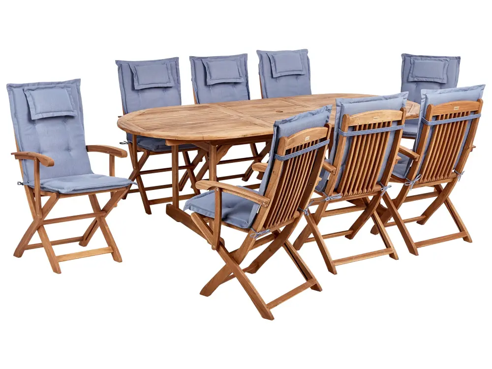 Conjunto de jardín 8 plazas de madera de acacia con cojines azules MAUI II