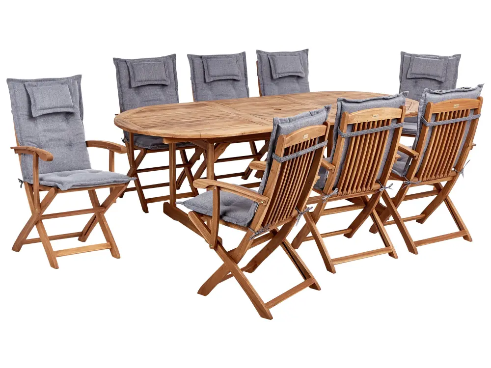 Conjunto de jardín 8 plazas de madera de acacia con cojines grises MAUI II