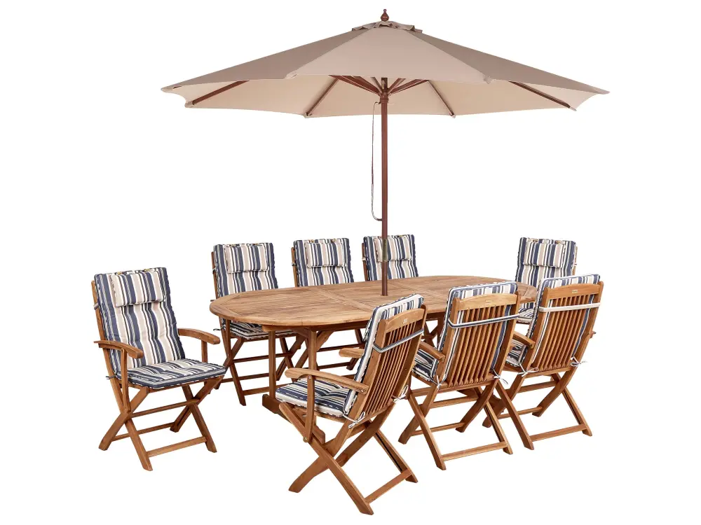 Conjunto de jardín 8 plazas de madera de acacia con sombrilla y cojines rayas azules MAUI II
