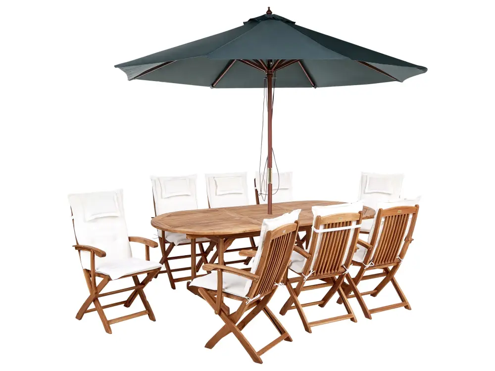 Conjunto de jardín 8 plazas de madera de acacia con sombrilla y cojines blanco crema MAUI II
