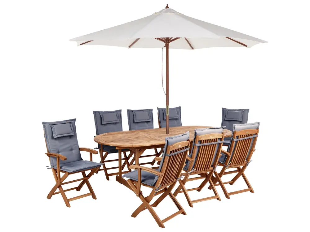 Conjunto de jardín 8 plazas de madera de acacia con sombrilla y cojines gris grafito MAUI II