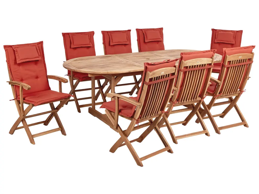 Conjunto de jardín 8 plazas de madera de acacia con cojines rojos MAUI II