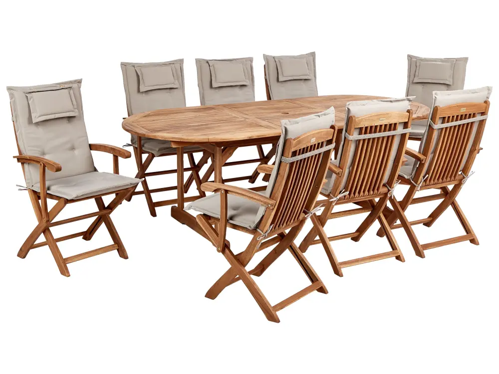 Conjunto de jardín 8 plazas de madera de acacia con cojines gris pardo MAUI II
