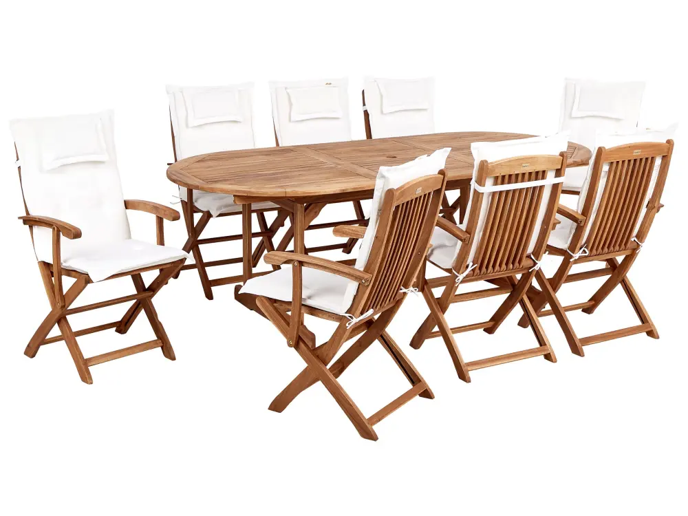 Conjunto de jardín 8 plazas de madera de acacia con cojines blanco crema MAUI II