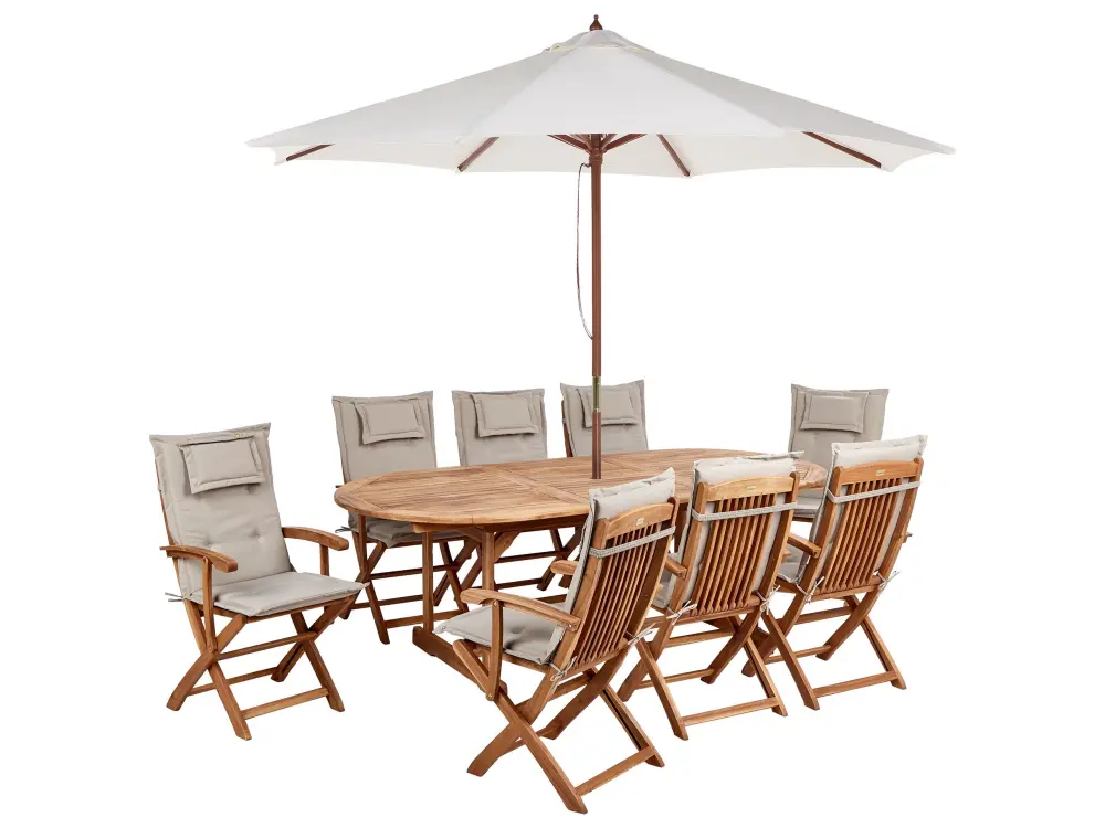 Conjunto de jardín 8 plazas de madera de acacia con sombrilla y cojines gris pardo MAUI II