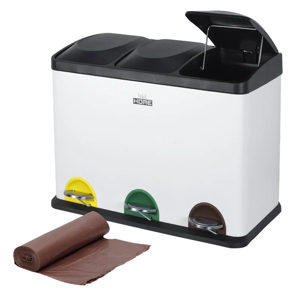 Contenedor de Pedal Well home cubo de reciclaje 45l 3 compartimentos + 20 bolsas autocierre