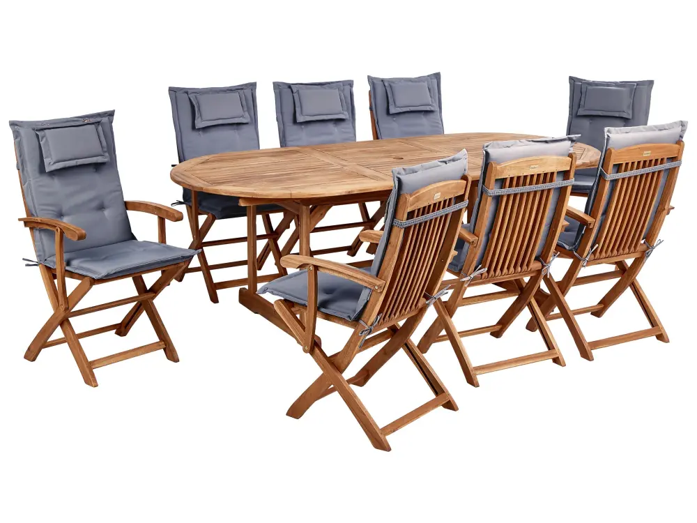 8 Seater Acacia Wood Garden Dining Set Graphite Grey Cushions MAUI II