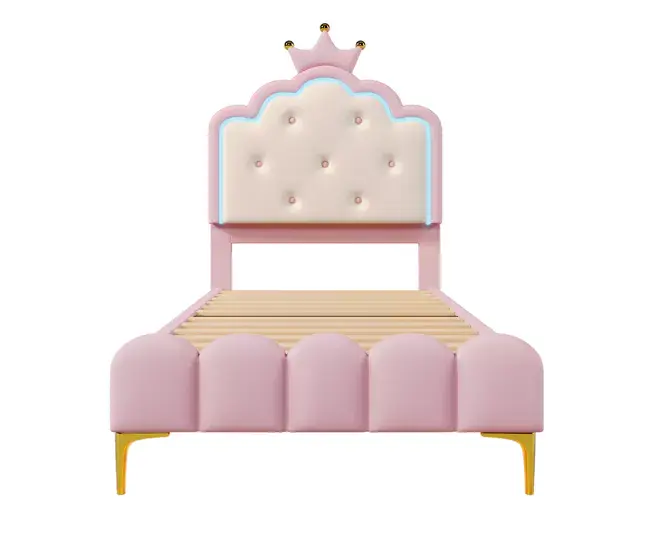 Cama tapizada 90x200 cm con LED - Material piel sintética - con somier - Rosa para Cama Infantil