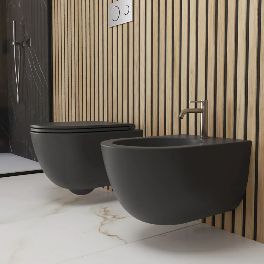 Par de sanitarios suspendidos 52x36 cm serie Dream de Cerámica Galassia con asiento slim cierre blando - Negro mate