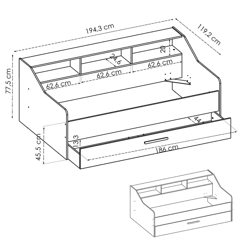 Cama nido Drag 1 cajón 3 huecos de almacenaje blanco 60x194x97 cm