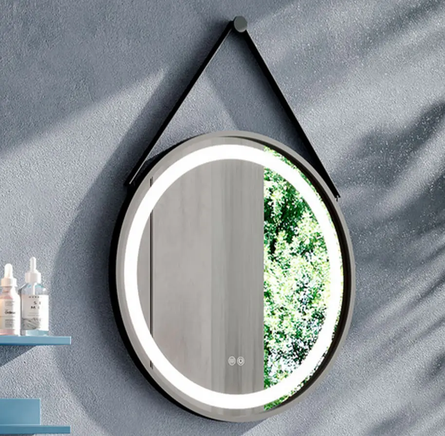 Espejo coLGante redondo luz LED | doble sensor táctil | borde negro 70cm Brico Plaza