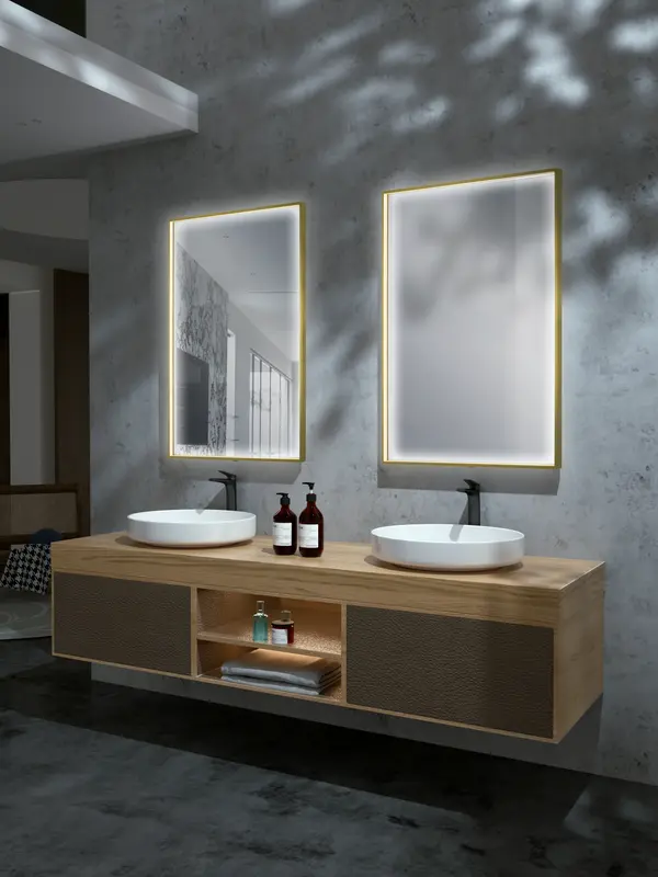 Espejo con luz LED marco color oro mate anti-vaho, sensor on/off 120x80cm Mice Collection