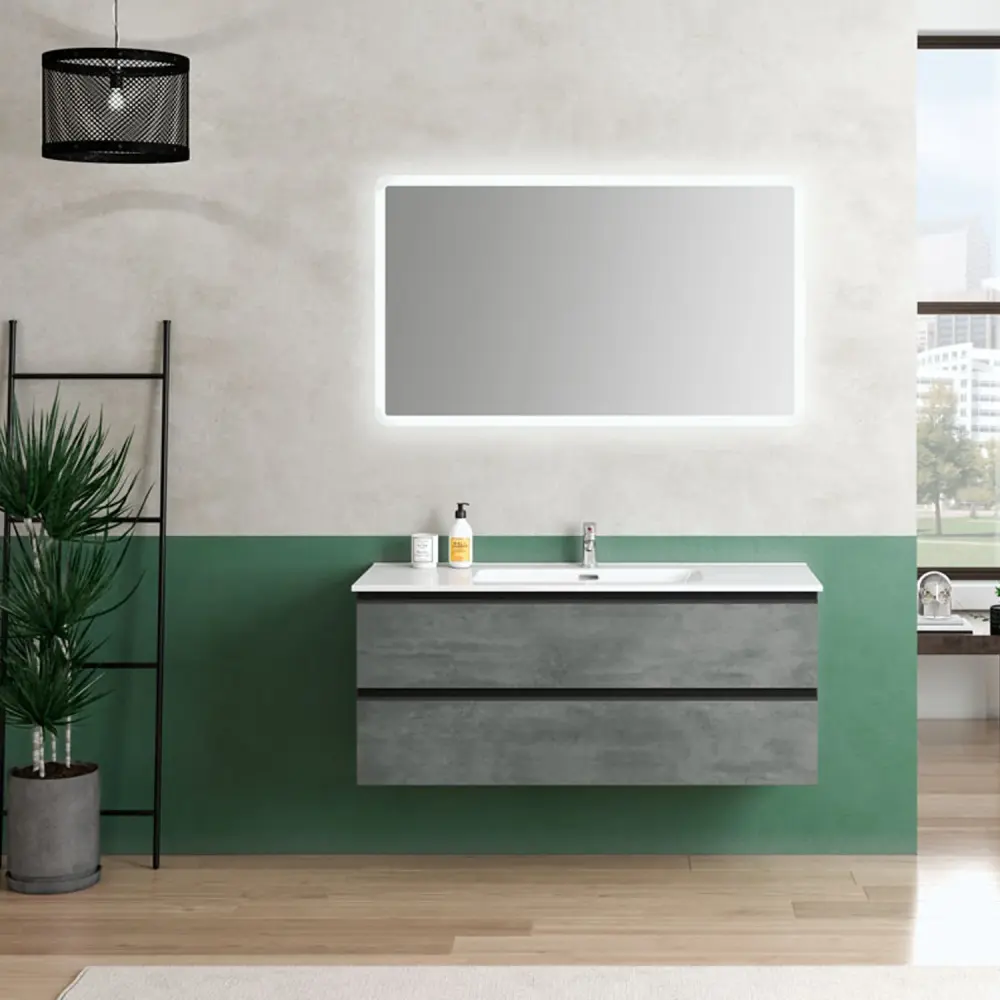 Composición de baño suspendida con lavabo y espejo retroiluminado York07 120x46x190h cm Cemento