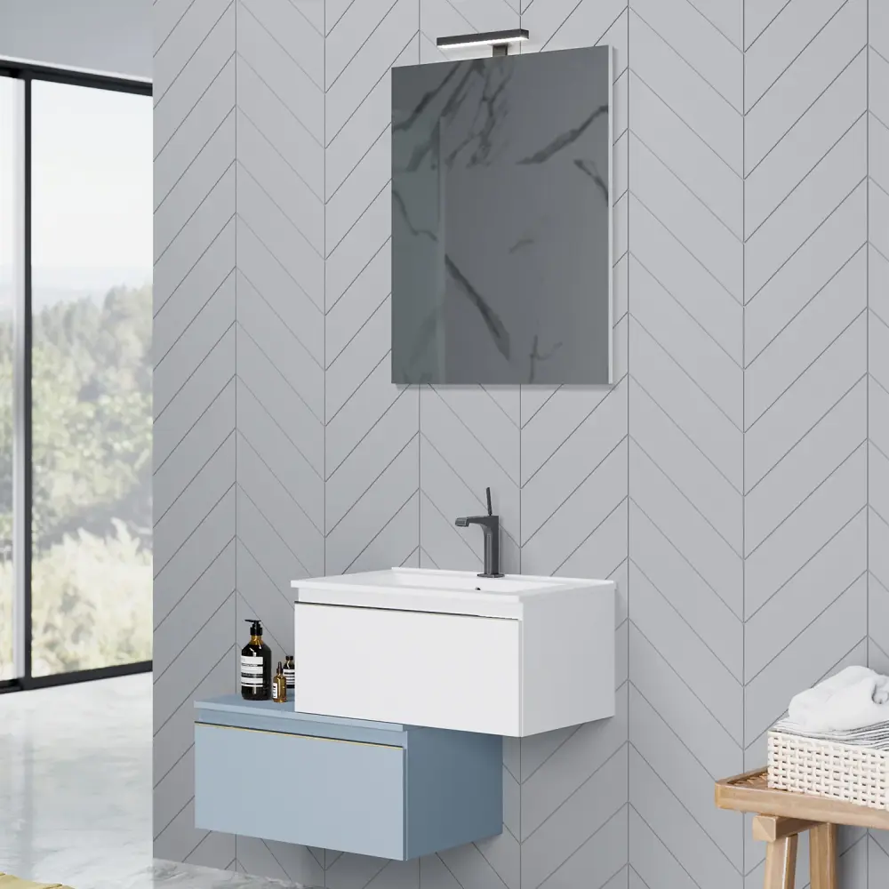 Composición suspendida Shanti base con lavabo, espejo y led 80cm azul pastel mate para Viaje