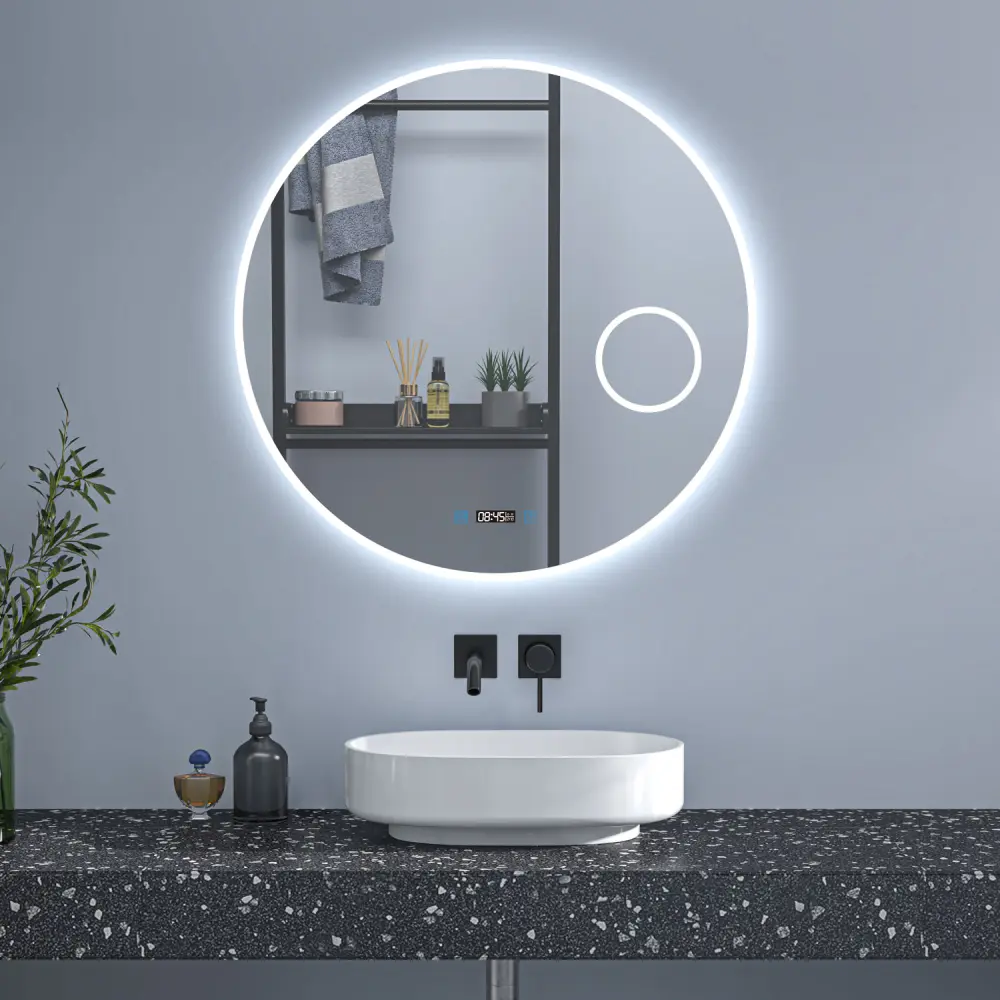 Espejo de baño redondo 80×80cm + reloj + lupa Aica Sanitarios