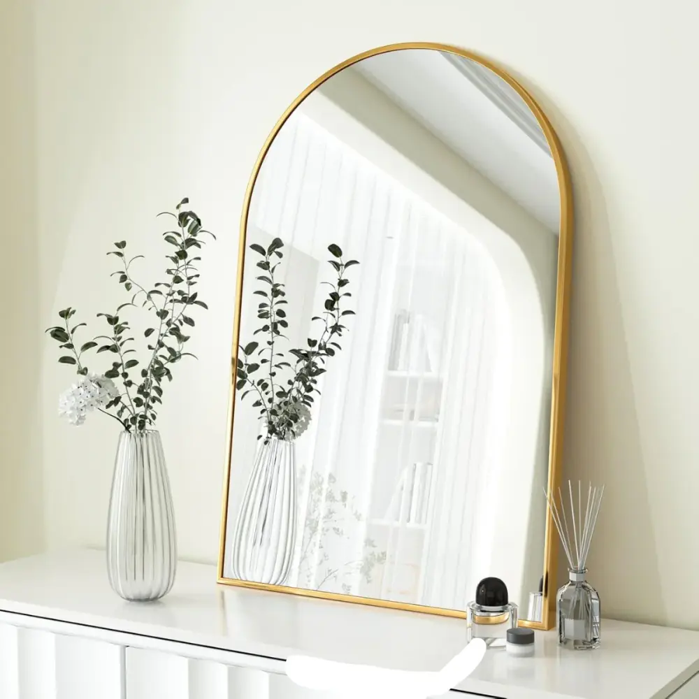 Artesanal Hecho Mano Espejo con forma en arco con marco de aluminio en color oro 40x60 cm herrashop